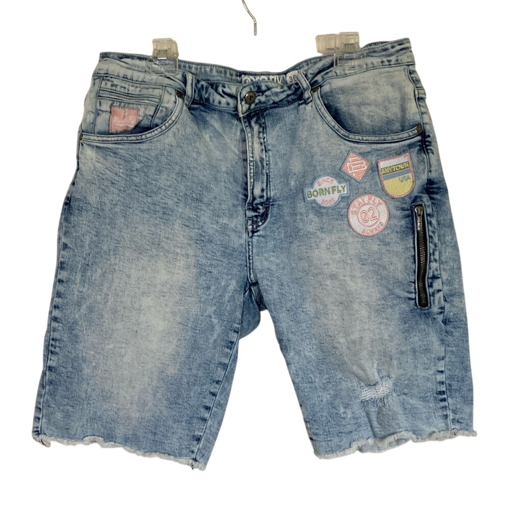 Born Fly Mens Light Wash‎ Denim Shorts Patches Size 36 Streetwear Distressed